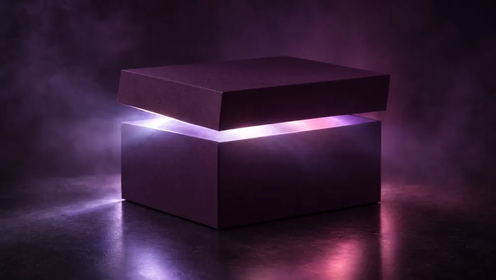 A dark box with its lid lifted and violet light spilling out