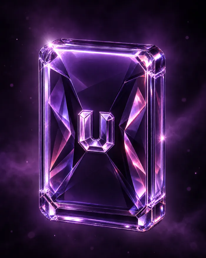 A sealed violet glass UltraPacks pack floating in the dark