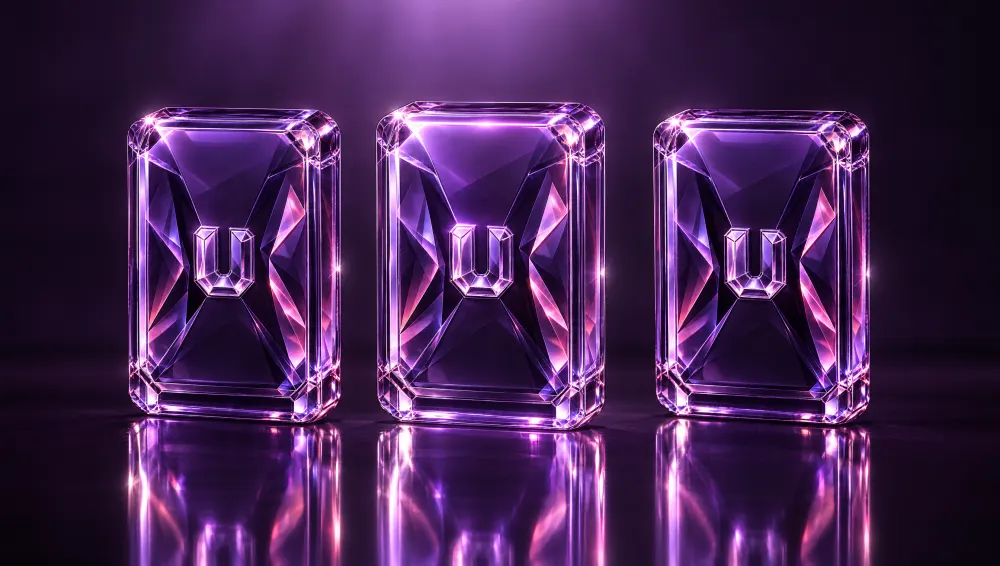 Three sealed violet glass UltraPacks packs on a dark reflective floor
